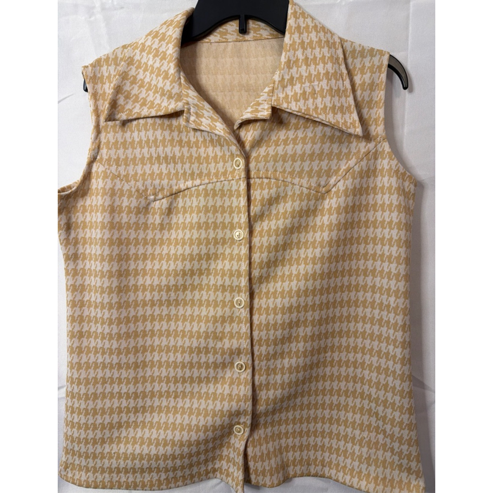 Vintage Handmade Women’s Button-down Vest 70’s Houndstooth Polyester Wide Collar